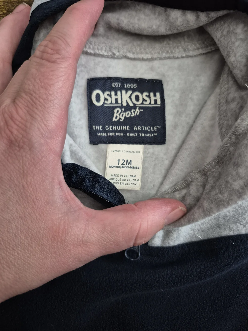 OshKosh Bgosh Baby Boy Fleece Quarter Zip Pullover Jacket Gray Navy Blue 12M